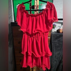 PrettyLittleThing Red Off-Shoulder Dress